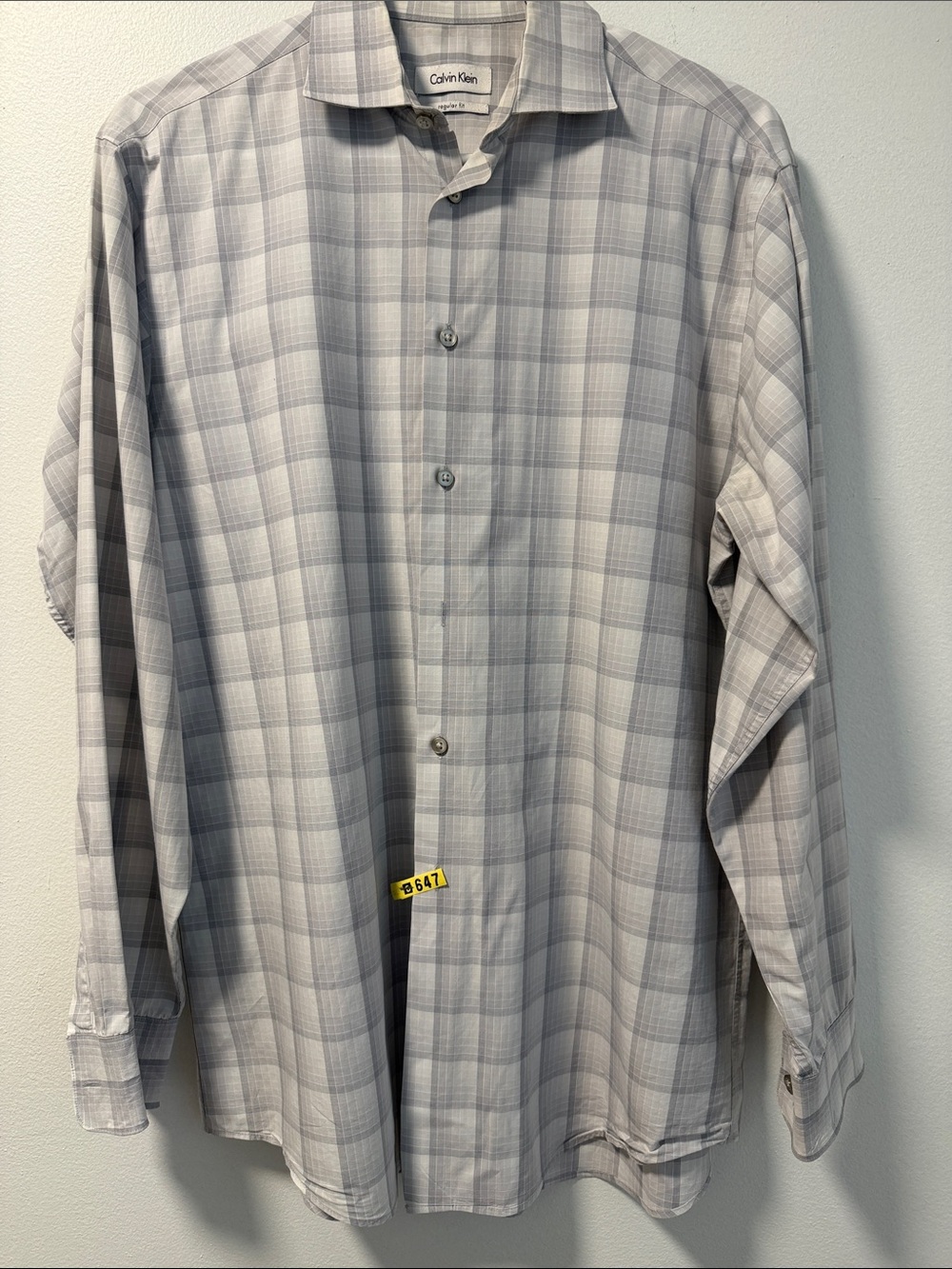 Calvin Klein Light Gray Plaid Long-Sleeve Dress Shirt 15 1/2-32/33